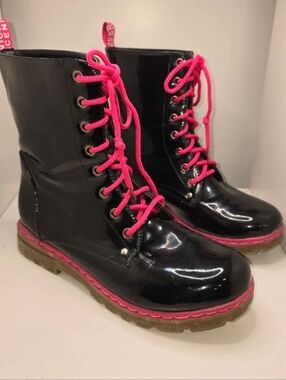 Black Patent Lace-Up Combat Boots with Pink Accents 7- 7.5